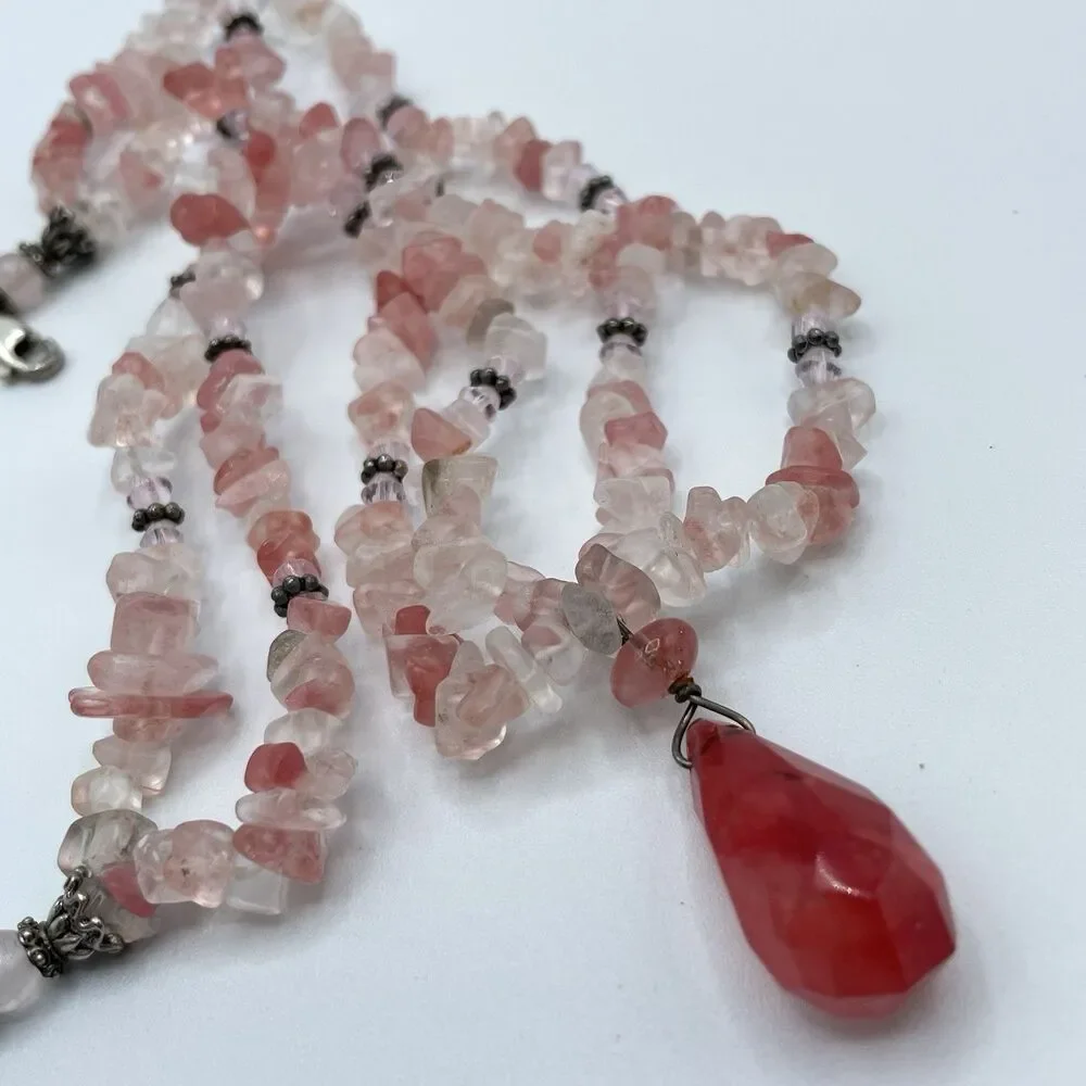 Cherry Rose Clear Quarts Beaded Pendant 925 Sterling Silver Layered Necklace